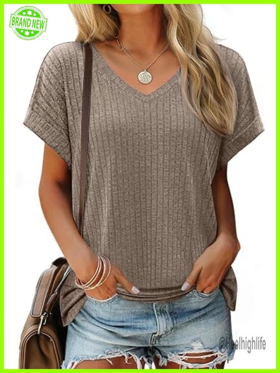 Tops - V Neck Short Sleeve Sweater Tunic with Side Split, Loose Fit Top